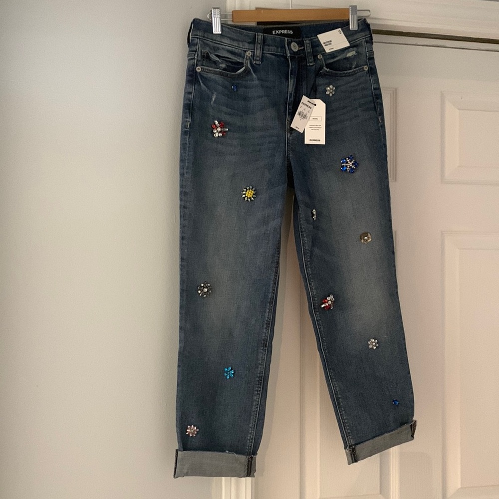 EXPRESS HIGH WAISTED GEM STRETCH GIRLFRIEND JEANS